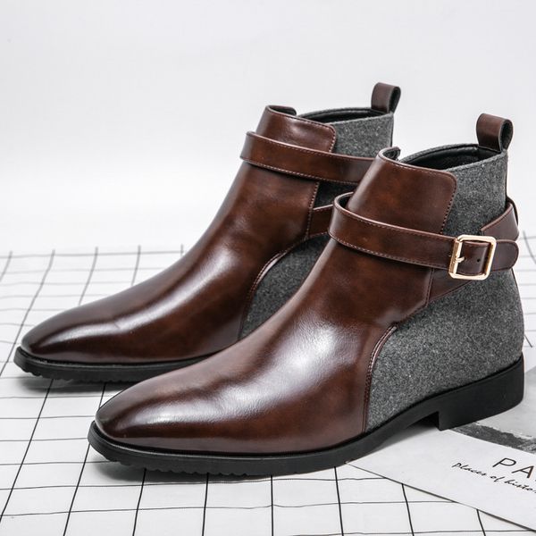 

British Ankle Boots Men Shoes Solid Color PU Stitching Faux Suede Belt Buckle Fashion Casual Street All-match AD032, Clear