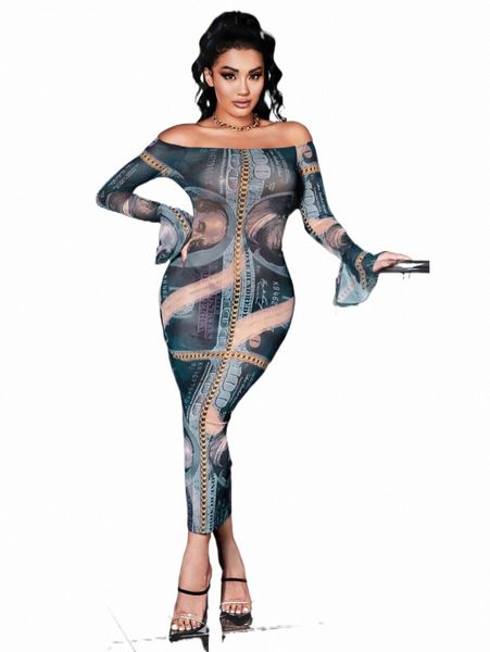 casual dresses sxy chain and dollar print off shoulder bodycon dress a3pv#, Black;gray