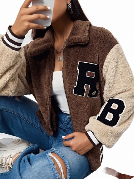 women's jackets letter patch detail drop shoulder colorblock teddy jacket x7lm#, Black;brown
women's jackets letter patch detail drop shoulder colorblock teddy jacket x7lm#, Black;brown