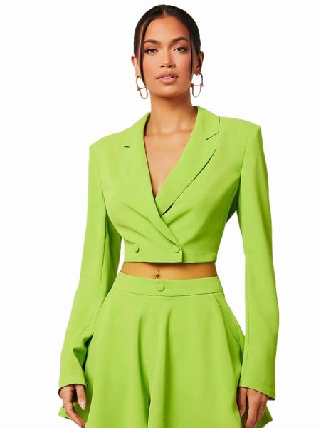 women's two piece pants neon green lapel neck double button crop blazer o53j#, White
women's two piece pants neon green lapel neck double button crop blazer o53j#, White