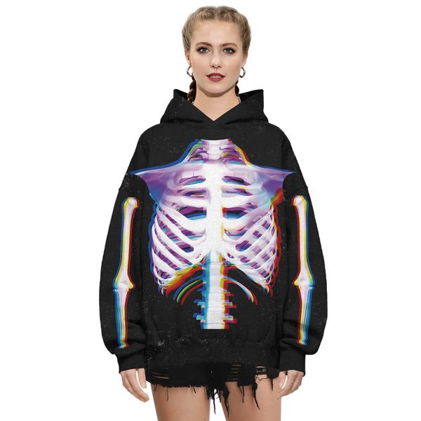 halloween 3d digital print hooded hoodies long sleeve sweater skeleton lazy wind pullover, Black