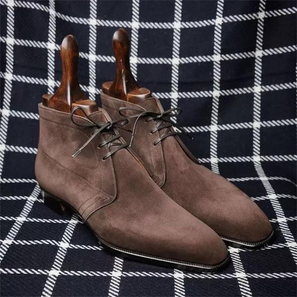 

Vintage Ankle Boots Men Shoes Solid Color Faux Suede Classic Wingtip Lace Up Fashion Casual Street Versatile AD036, Clear
