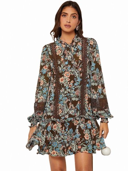 casual dresses tie neck floral print ruffle hem dress d5zt#, Black;gray