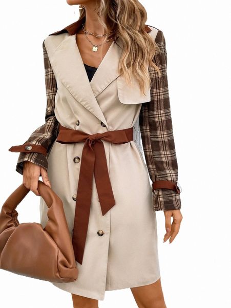 women's trench coats plaid double breasted belted trench coat u39i#, Tan;black 
women's trench coats plaid double breasted belted trench coat u39i#, Tan;black