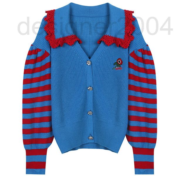 women's sweaters designer spring new 2022 contrast stripe flower embroidery large lapel wood ear edge british slim knit cardigan women, White;black
women's sweaters designer spring new 2022 contrast stripe flower embroidery large lapel wood ear edge british slim knit cardigan women, White;black