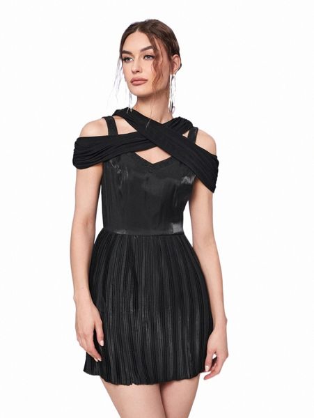 casual dresses x ttadahh cold shoulder crisscross front dress v7mt#, Black;gray 
casual dresses x ttadahh cold shoulder crisscross front dress v7mt#, Black;gray
