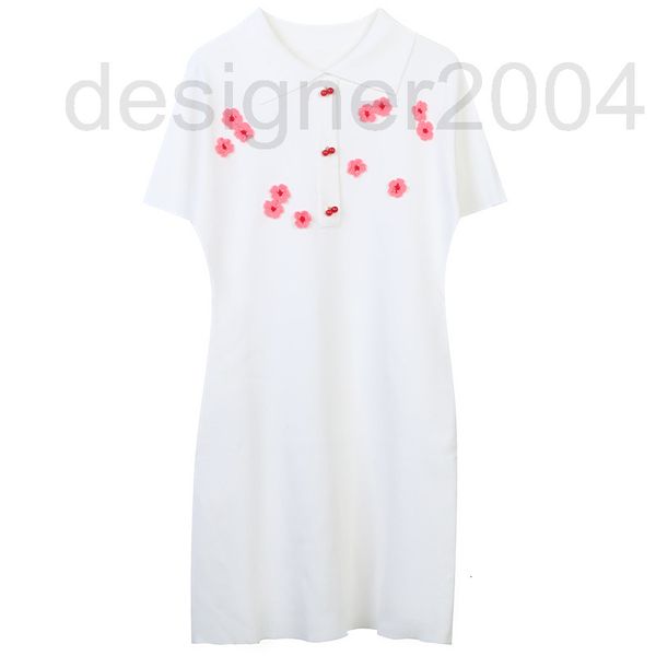 casual dresses designer knitted dress 2022 summer new color contrast flower embroidery sweet temperament slim lapel medium length a skirt th, Black;gray