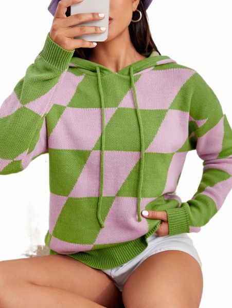 women's sweaters argyle pattern drop shoulder drawstring hooded sweater e1su#, White;black
women's sweaters argyle pattern drop shoulder drawstring hooded sweater e1su#, White;black