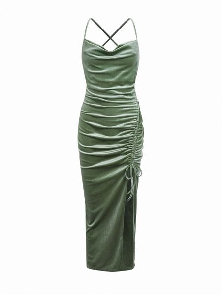 casual dresses solid drawstring ruched velvet dress l7yv#, Black;gray