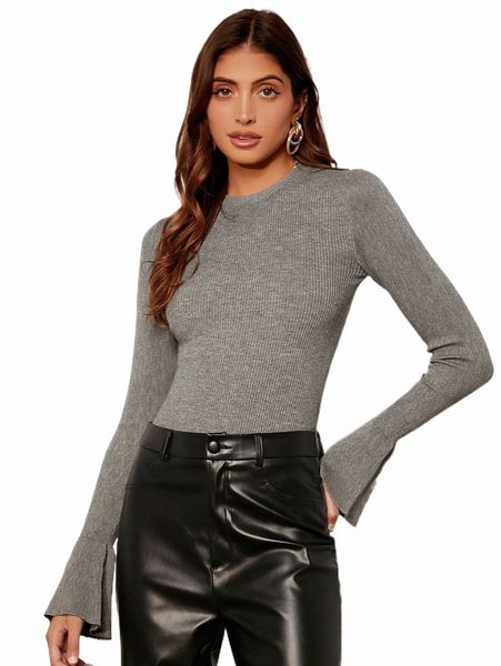 women's sweaters flounce sleeve ribbed knit sweater p6nj#, White;black
women's sweaters flounce sleeve ribbed knit sweater p6nj#, White;black