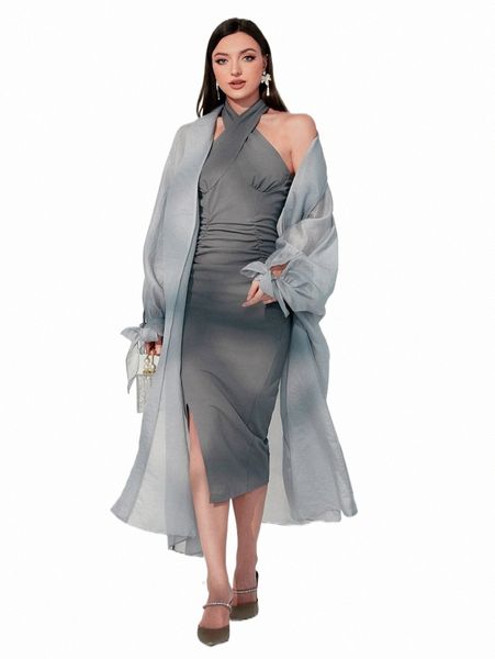 two piece dress ruched halter bodycon dress & knot lantern sleeve open front coat 89ch#, White
two piece dress ruched halter bodycon dress & knot lantern sleeve open front coat 89ch#, White