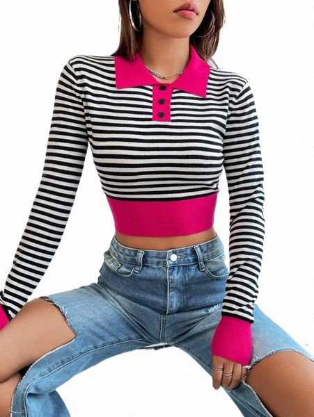 women's sweaters striped pattern colorblock polo neck crop sweater 783n#, White;black
women's sweaters striped pattern colorblock polo neck crop sweater 783n#, White;black