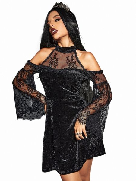 casual dresses cold shoulder lace panel velvet dress p43r#, Black;gray
casual dresses cold shoulder lace panel velvet dress p43r#, Black;gray