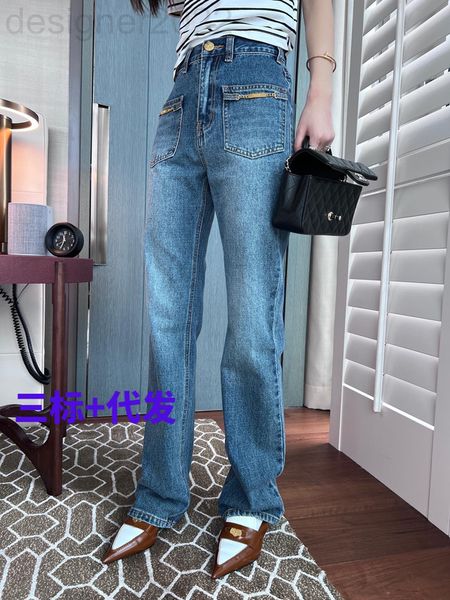 women's jeans designer ce high version gold chain pocket design thin and versatile waist jeans straight tube floor pants hveh, Blue
women's jeans designer ce high version gold chain pocket design thin and versatile waist jeans straight tube floor pants hveh, Blue