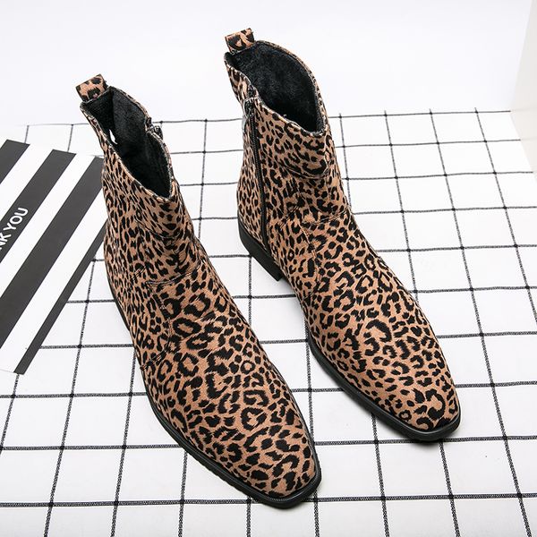 

British Chelsea Boots Men Shoes Personality Leopard Print Faux Suede Square Head Side Zipper Fashion Casual Street All-match AD026, Clear