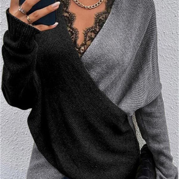 women's sweaters autumn lace vneck women loose knitting oversized pullover color matching irregular vintage female 220830, White;black
women's sweaters autumn lace vneck women loose knitting oversized pullover color matching irregular vintage female 220830, White;black