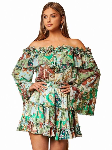 women's blouses & shirts patchwork print off shoulder flounce sleeve blouse b1fy#, White
women's blouses & shirts patchwork print off shoulder flounce sleeve blouse b1fy#, White