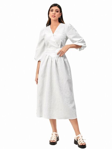 two piece dress modely jacquard lantern sleeve & skirt set j7hf#, White