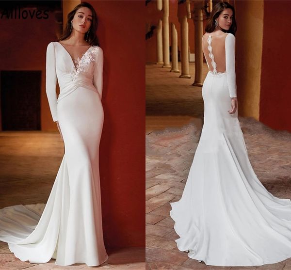 modest v neck mermaid wedding dresses leaf lace appliqued long sleeves simple satin boho garden bridal gowns see through back with train rob, White
modest v neck mermaid wedding dresses leaf lace appliqued long sleeves simple satin boho garden bridal gowns see through back with train rob, White