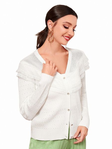 women's sweaters pointelle knit contrast lace ruffle trim cardigan c9vu#, White;black
women's sweaters pointelle knit contrast lace ruffle trim cardigan c9vu#, White;black