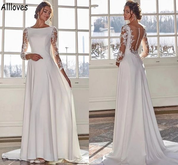 boho beach satin a line wedding dresses with illusion long sleeves lace appliques see through buttons back bridal gowns sweep train simple r, White
boho beach satin a line wedding dresses with illusion long sleeves lace appliques see through buttons back bridal gowns sweep train simple r, White