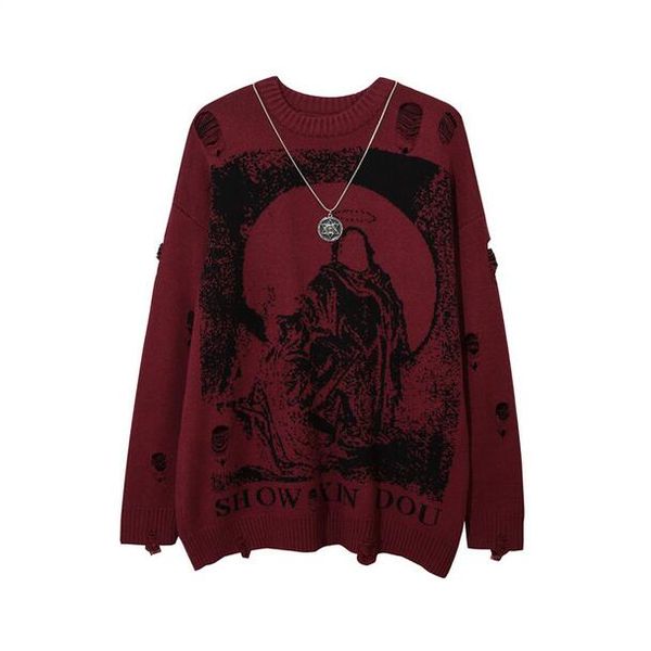 harajuku men's sweaters dark god print ripped hole knit sweater pullover streetwear gothic oversize loose sweater top, White;black
harajuku men's sweaters dark god print ripped hole knit sweater pullover streetwear gothic oversize loose sweater top, White;black