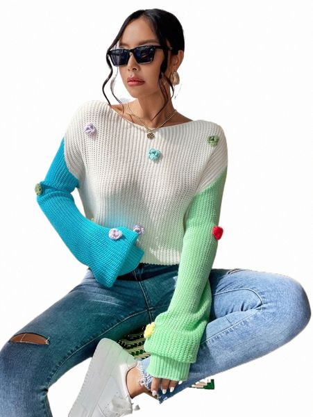women's sweaters floral patched colorblock drop shoulder sweater u9o1#, White;black
women's sweaters floral patched colorblock drop shoulder sweater u9o1#, White;black
