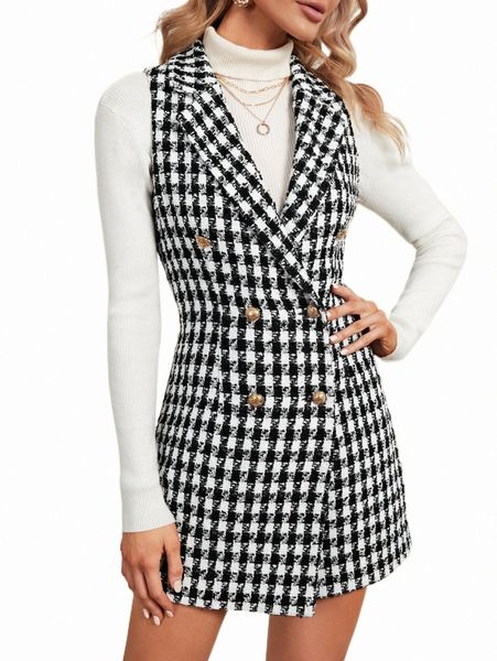 women's two piece pants houndstooth double breasted blazer vest o8mf#, White