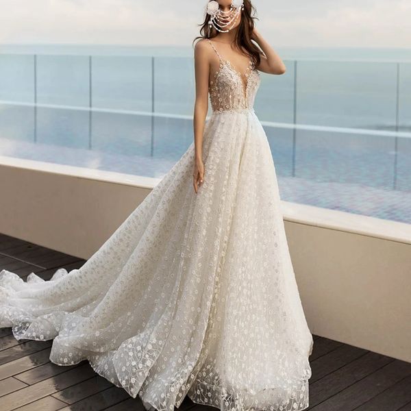 full lace a line wedding dresses spaghetti strap tulle beach boho bridal gowns with crystals, White
full lace a line wedding dresses spaghetti strap tulle beach boho bridal gowns with crystals, White