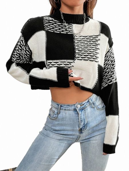 women's sweaters plaid pattern mock neck drop shoulder crop sweater n1su#, White;black
women's sweaters plaid pattern mock neck drop shoulder crop sweater n1su#, White;black
