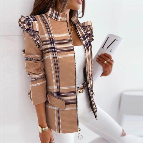 women's jackets autumn vintage ruffle plaid printed suit coats elegant oneck long sleeve zipper cardigan coat women fashion office slim, Black;brown
women's jackets autumn vintage ruffle plaid printed suit coats elegant oneck long sleeve zipper cardigan coat women fashion office slim, Black;brown