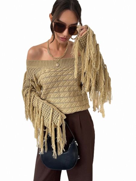 women's sweaters off shoulder tassel trim cable knit sweater m24f#, White;black 
women's sweaters off shoulder tassel trim cable knit sweater m24f#, White;black