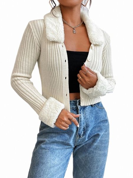 women's sweaters borg collar ribbed knit cardigan c8p8#, White;black