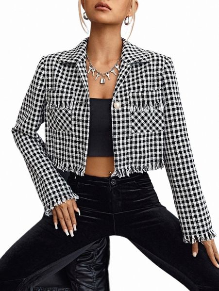 women's down & parkas gingham pattern fringe trim flap pocket tweed overcoat s6d2#, Black
women's down & parkas gingham pattern fringe trim flap pocket tweed overcoat s6d2#, Black
