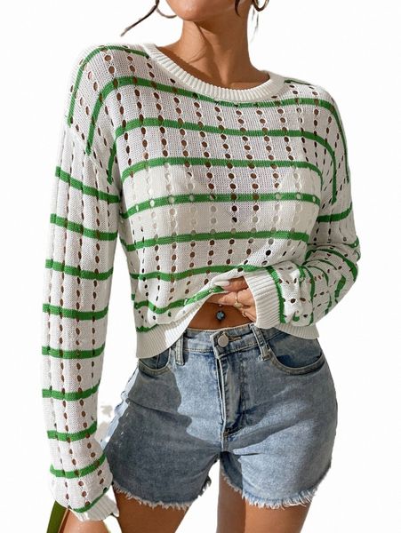 women's sweaters striped pattern pointelle knit drop shoulder sweater 10i3#, White;black
women's sweaters striped pattern pointelle knit drop shoulder sweater 10i3#, White;black