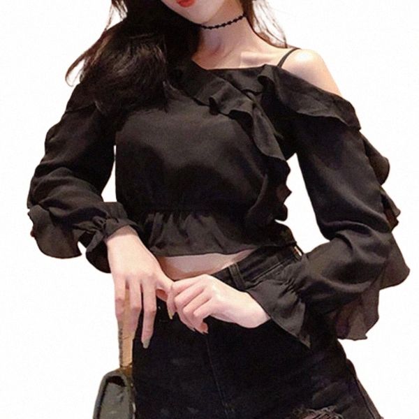 women's blouses & shirts women fashion shirt long-sleeved one-shoulder ruffled off-shoulder sling chiffon short blouses spring autumn 2, White
women's blouses & shirts women fashion shirt long-sleeved one-shoulder ruffled off-shoulder sling chiffon short blouses spring autumn 2, White