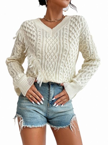 women's sweaters fringe trim drop shoulder cable knit sweater n6lt#, White;black
women's sweaters fringe trim drop shoulder cable knit sweater n6lt#, White;black