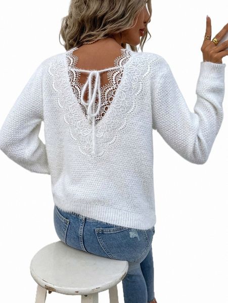 women's sweaters contrast guipure lace tie back fluffy knit sweater w8ru#, White;black
women's sweaters contrast guipure lace tie back fluffy knit sweater w8ru#, White;black