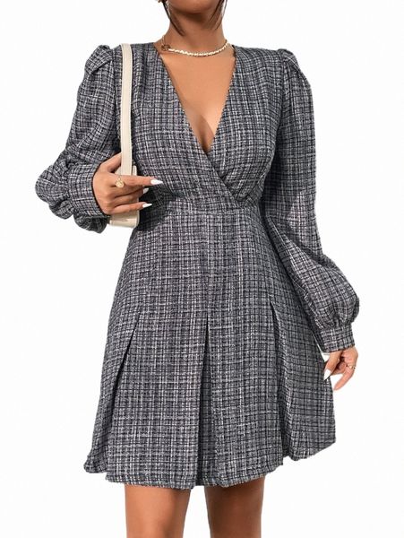 casual dresses surplice neck lantern sleeve plaid tweed dress m1at#, Black;gray
casual dresses surplice neck lantern sleeve plaid tweed dress m1at#, Black;gray