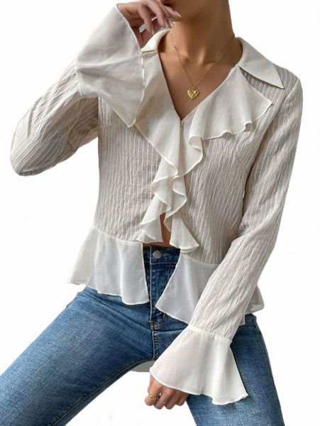 women's blouses & shirts ruffle trim flounce sleeve blouse m1gm#, White
women's blouses & shirts ruffle trim flounce sleeve blouse m1gm#, White
