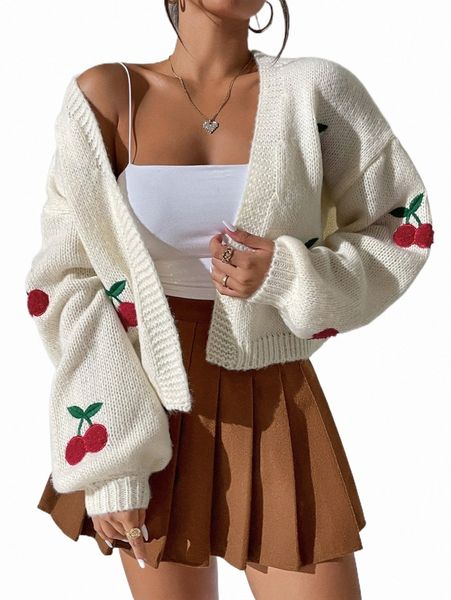 women's sweaters cherry embroidery lantern sleeve cardigan 53v7#, White;black
women's sweaters cherry embroidery lantern sleeve cardigan 53v7#, White;black