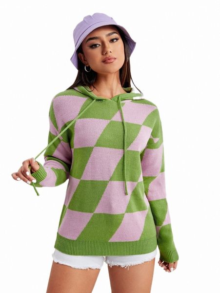 women's sweaters argyle pattern drop shoulder drawstring hooded sweater o0uo#, White;black
women's sweaters argyle pattern drop shoulder drawstring hooded sweater o0uo#, White;black
