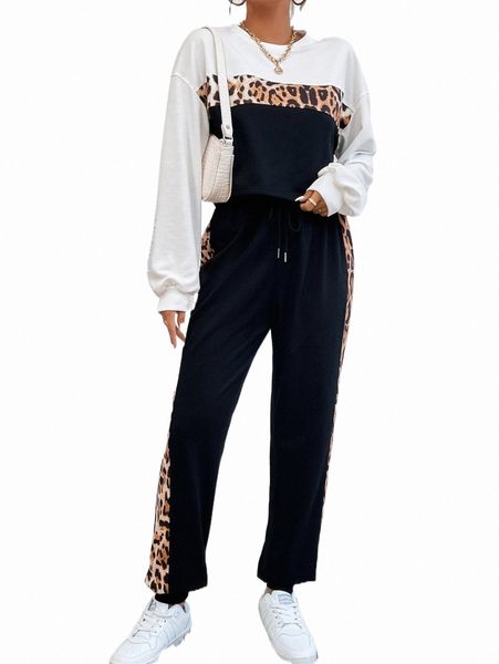 two piece dress leopard panel colorblock drop shoulder pullover & sweatpants c9s3#, White
two piece dress leopard panel colorblock drop shoulder pullover & sweatpants c9s3#, White