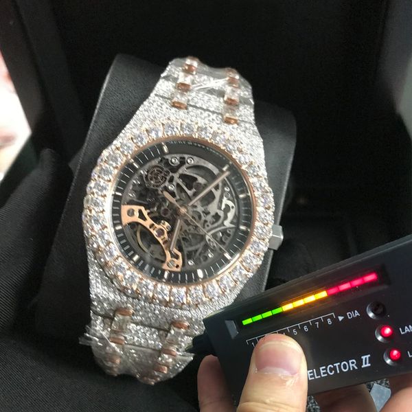new version moissanite stones skeleton watches gold mixed silver pass test mens vvs diamonds automatic eta luxury full iced out 2-tone watch, Slivery;brown
new version moissanite stones skeleton watches gold mixed silver pass test mens vvs diamonds automatic eta luxury full iced out 2-tone watch, Slivery;brown
