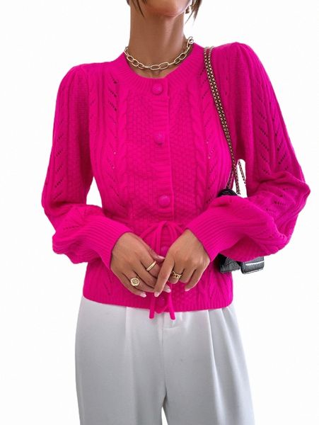 women's sweaters drawstring waist lantern sleeve pointelle knit cardigan 915a#, White;black
women's sweaters drawstring waist lantern sleeve pointelle knit cardigan 915a#, White;black