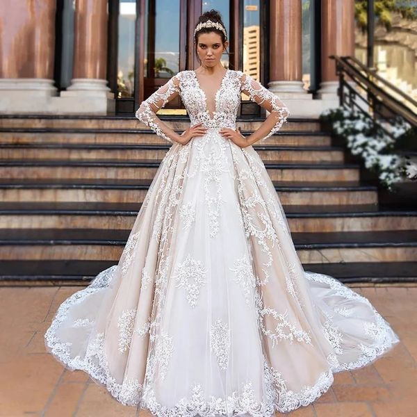 wedding dress bridal gowns sheer neck long sleeves embellished lace embroidered romantic princess blush a line beach, White
wedding dress bridal gowns sheer neck long sleeves embellished lace embroidered romantic princess blush a line beach, White