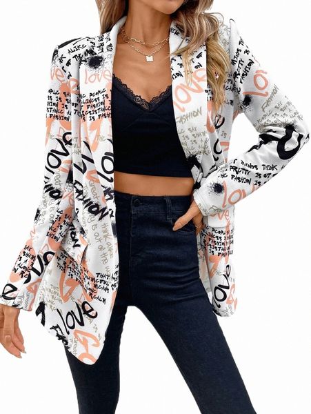 women's two piece pants letter graphic single button blazer without belt l1dc#, White
women's two piece pants letter graphic single button blazer without belt l1dc#, White