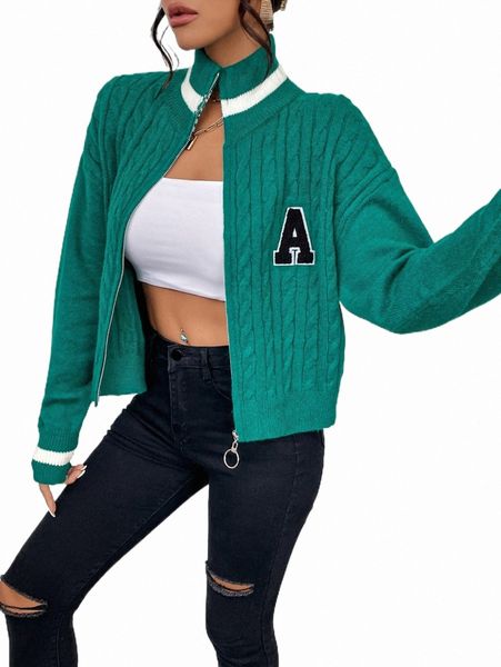 women's sweaters letter patched detail cable knit drop shoulder cardigan 440u#, White;black
women's sweaters letter patched detail cable knit drop shoulder cardigan 440u#, White;black