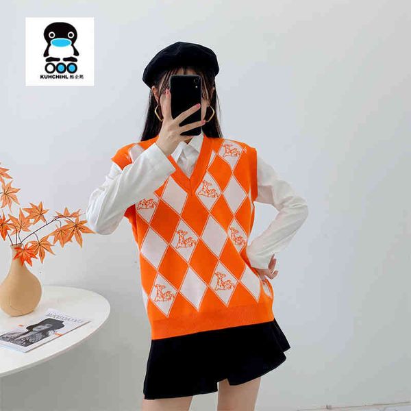 women's knits tees autumn and winter v-neck outerwear temperament pullover orange plaid pattern korean version neckless knitted vest 1q, White
women's knits tees autumn and winter v-neck outerwear temperament pullover orange plaid pattern korean version neckless knitted vest 1q, White