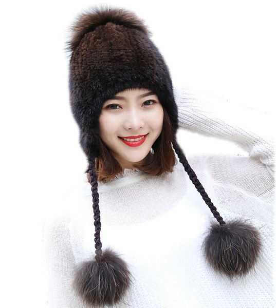 women real mink fur hats with fox fur balls winter earmuffs cap high elastic, Blue;gray
women real mink fur hats with fox fur balls winter earmuffs cap high elastic, Blue;gray
